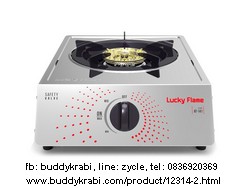 เตาแก๊สตั้งโต๊ะ (เตากล่อง) หัวคู่ Lucky Flame หัวเตา 100 มม. หัวเตาทองเหลือง หน้าสเตนเลส AT-142