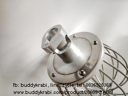 หัวตีเครื่องผสมอาหารรูปตะกร้อ   20 ลิตร สูง 33 ซม. รูสวมแกน 25 มม. รูเขี้ยวล็อคกว้าง 10 มม. แผ่นวงกลมยึดลวดเส้นผ่านศูนย์กลาง 130 มม. ลวด 10 เส้น